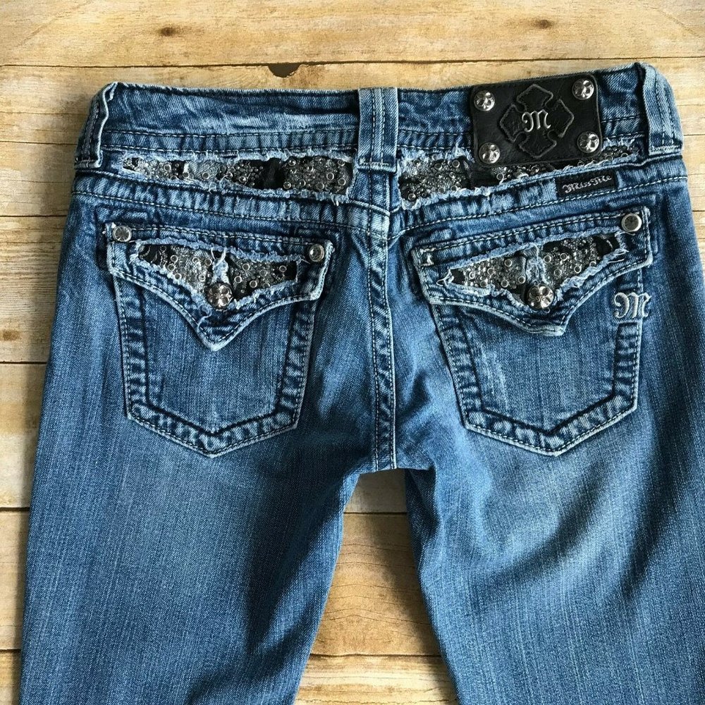 Miss Me Sequin Bling Yoke Flap Bootcut Jeans 29x32